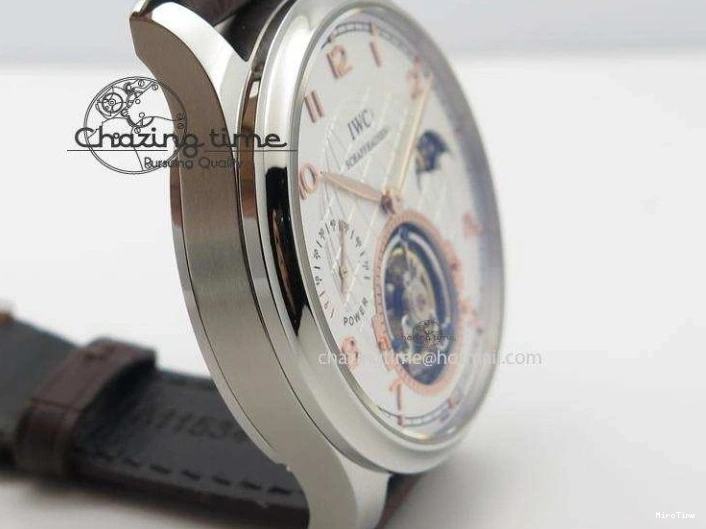 MIROTIME 0213 Chic Portuguese Tourbillon Power Reserve Moonphase SS White Dial Gold Numbers On Black Leather Strap 7319
